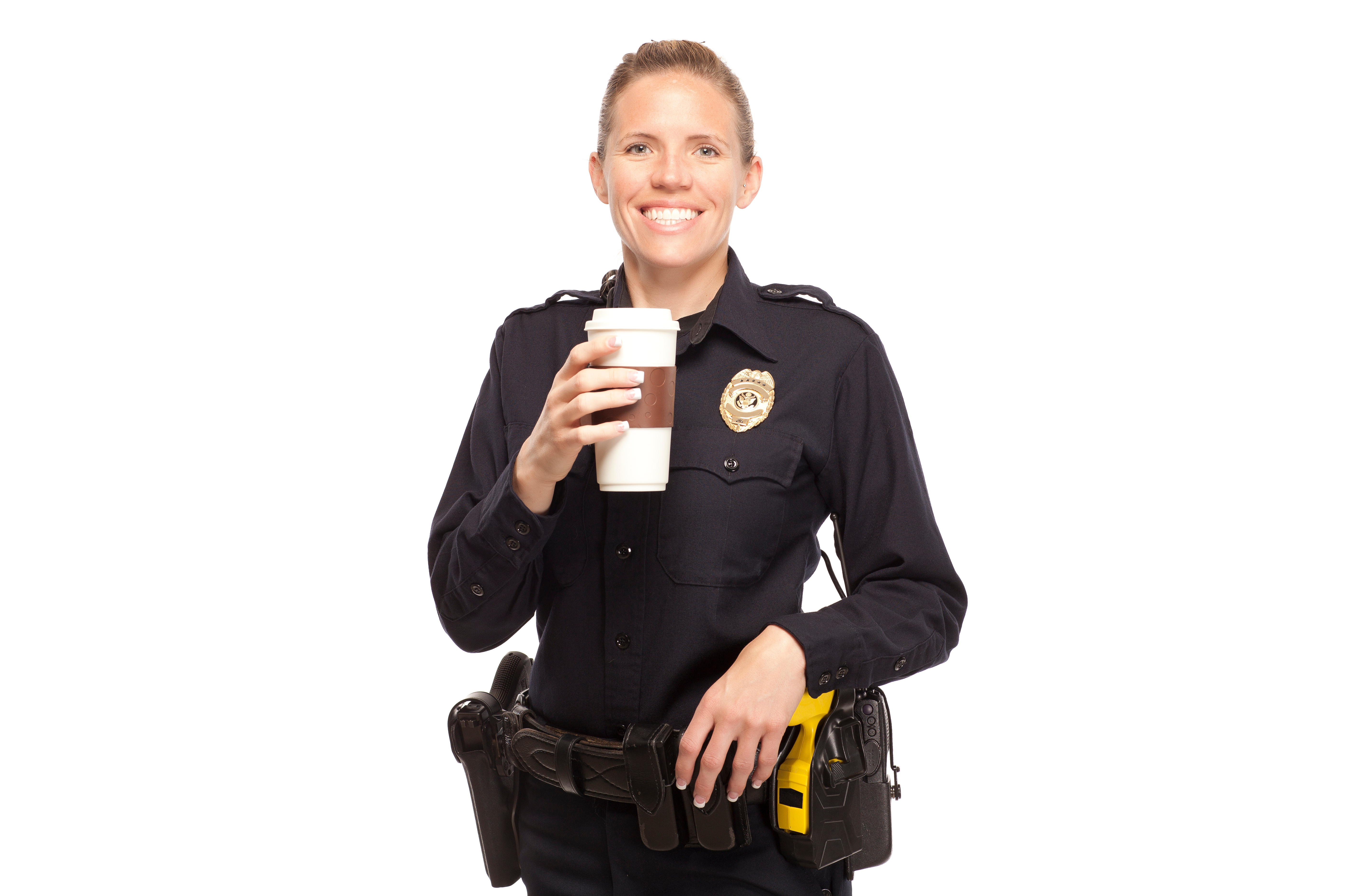 Female police officer with disposable cup