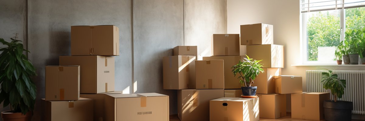 部屋に積まれた段ボール箱